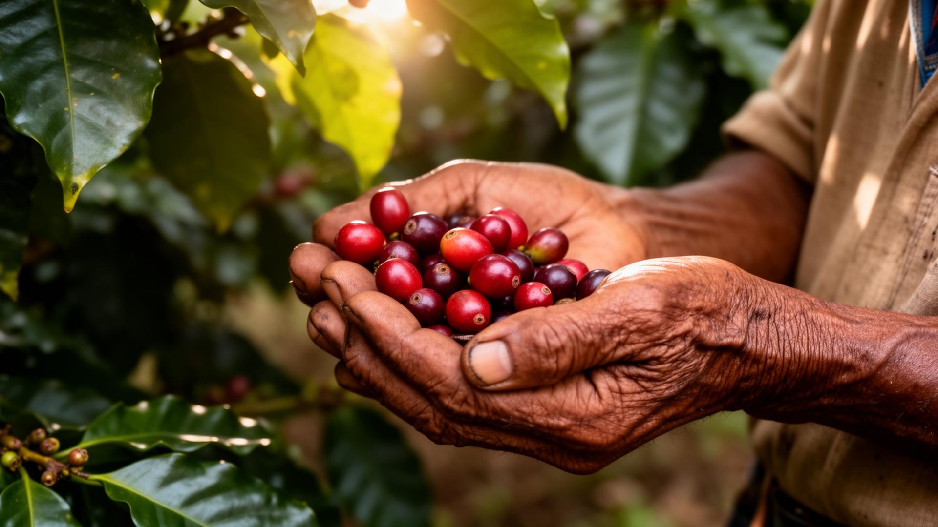 The weathered hands of a Ngöbe Buglé coffee farmer holding ripe coffee cherries
