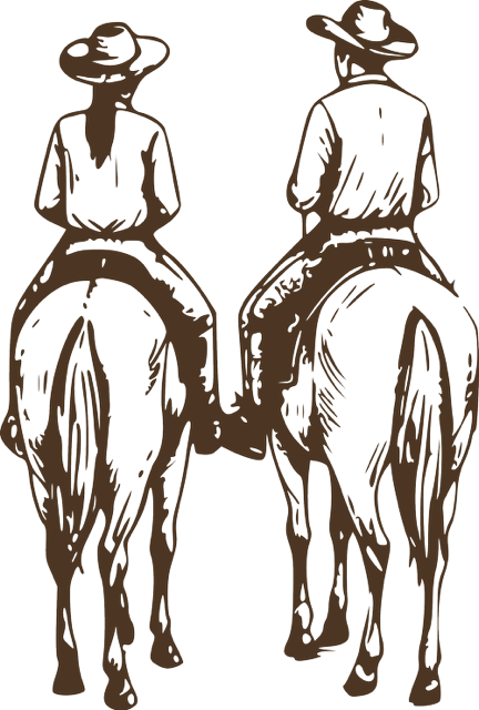 Line illustration of two horseback riders, the founders of Valle Escondido