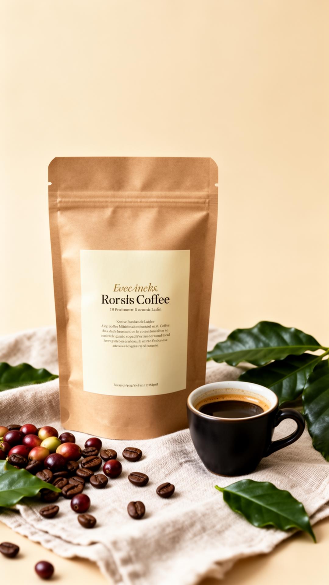 Café Valle Escondido coffee bag with espresso cup and fresh coffee cherries